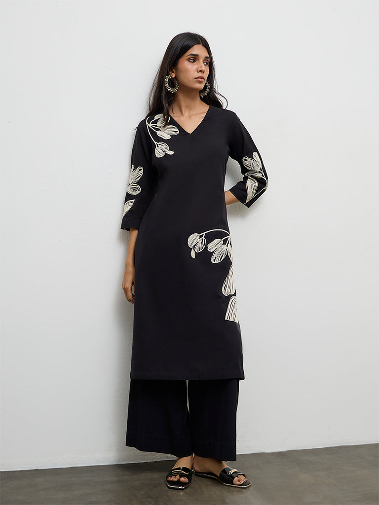 Utsa Black Floral Embroidered Cotton-Blend Kurta