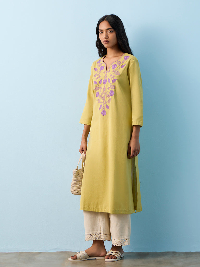 Utsa Lime Floral Embroidered A-Line Cotton-Blend Kurta