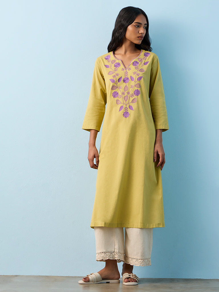 Utsa Lime Floral Embroidered A-Line Cotton-Blend Kurta