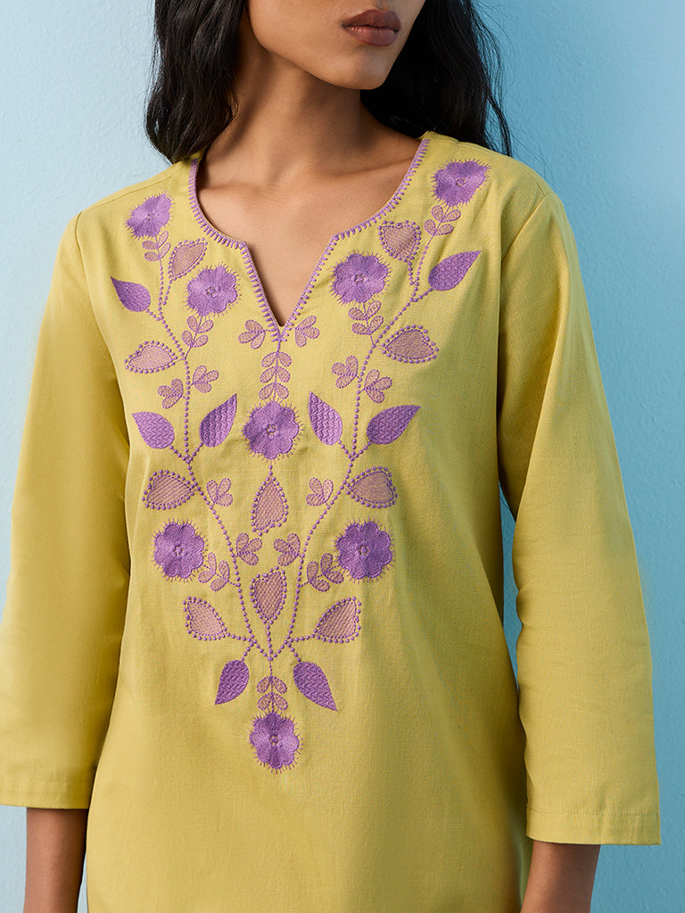 Utsa Lime Floral Embroidered A-Line Cotton-Blend Kurta