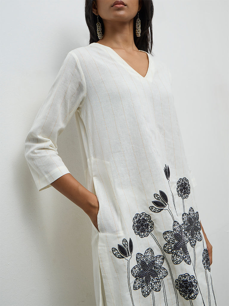 Utsa Off-White Floral Embroidered Cotton-Blend A-Line Kurta