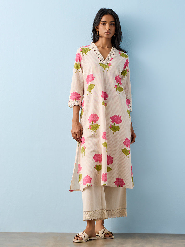 Utsa Pink Paisley Embroidered Cotton-Blend A-Line Kurta