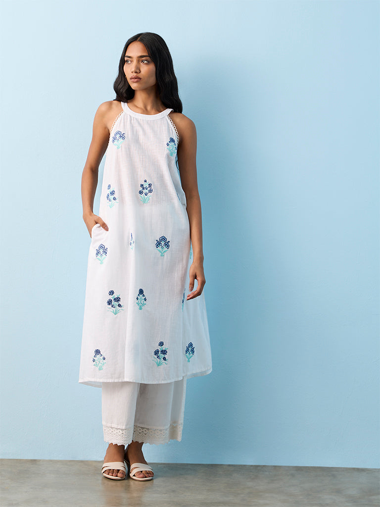 Utsa White Floral Embroidered Cotton A-line Kurta