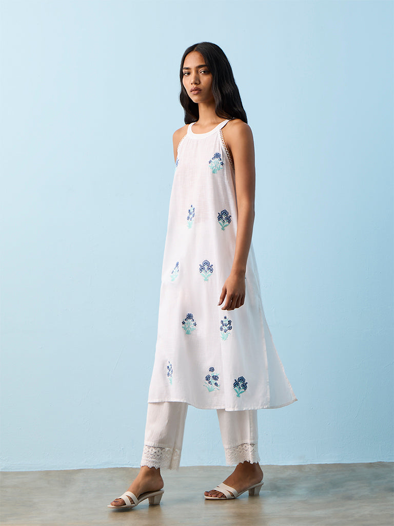 Utsa White Floral Embroidered Cotton A-line Kurta