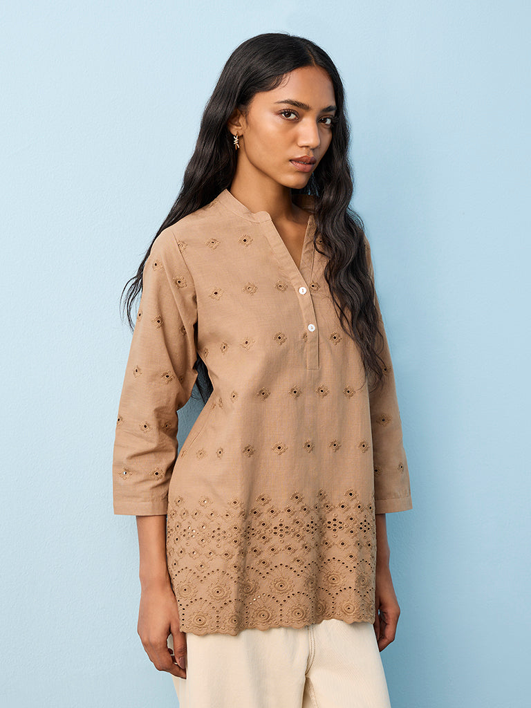 Utsa Taupe Schiffli Embroidered Cotton Straight Kurti
