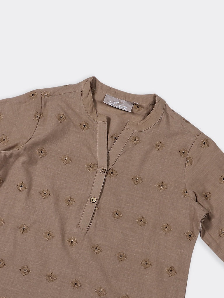 Utsa Taupe Schiffli Embroidered Cotton Straight Kurti