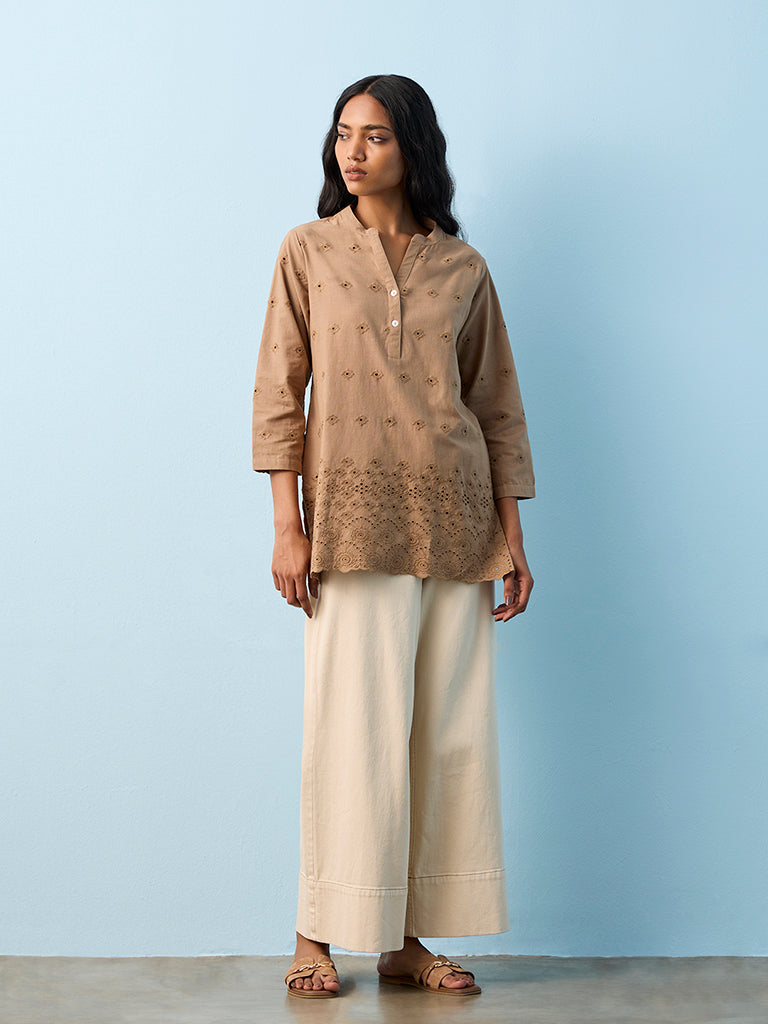 Utsa Taupe Schiffli Embroidered Cotton Straight Kurti