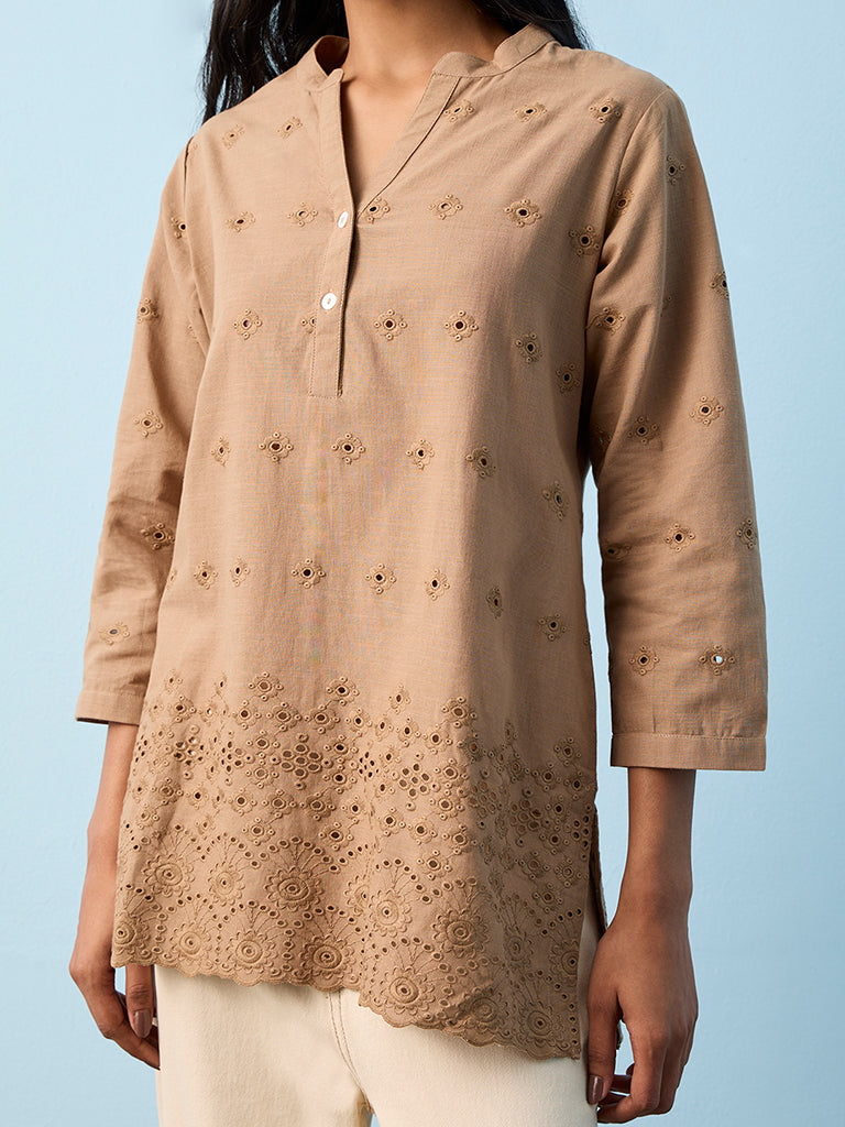Utsa Taupe Schiffli Embroidered Cotton Straight Kurti
