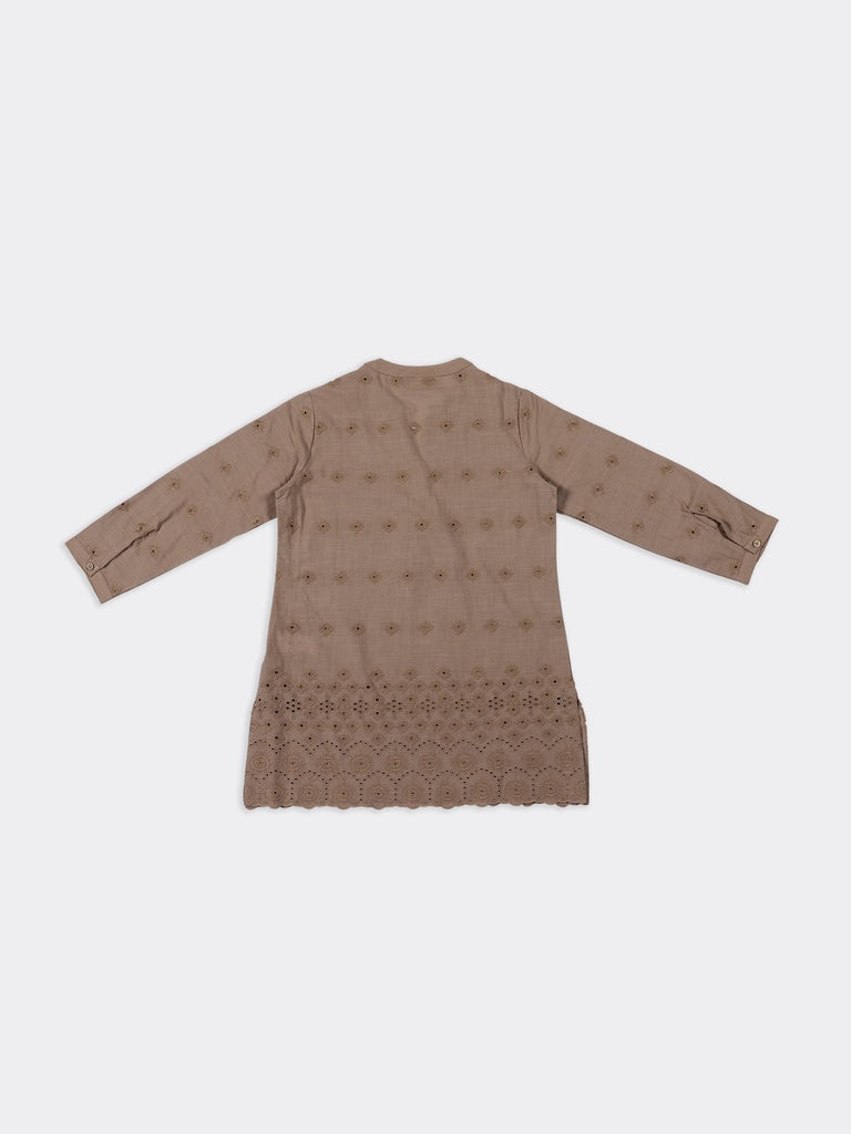 Utsa Taupe Schiffli Embroidered Cotton Straight Kurti