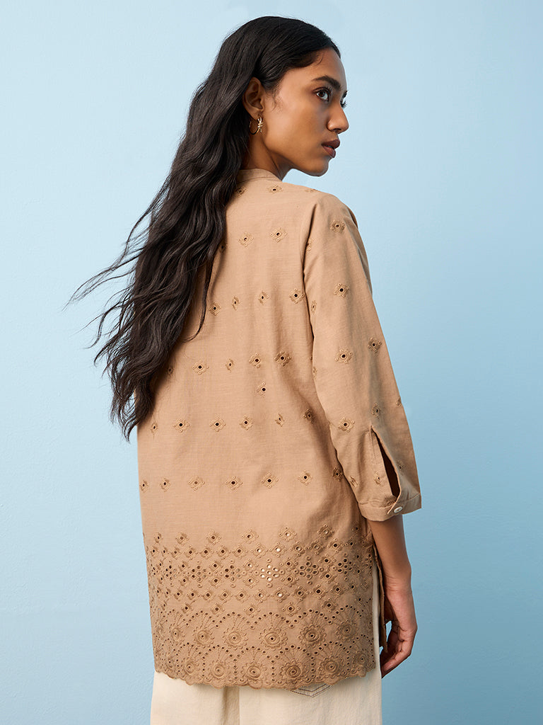 Utsa Taupe Schiffli Embroidered Cotton Straight Kurti
