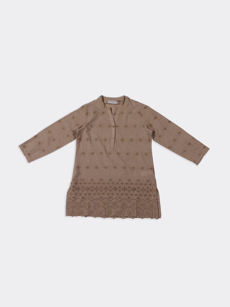 Utsa Taupe Schiffli Embroidered Cotton Straight Kurti