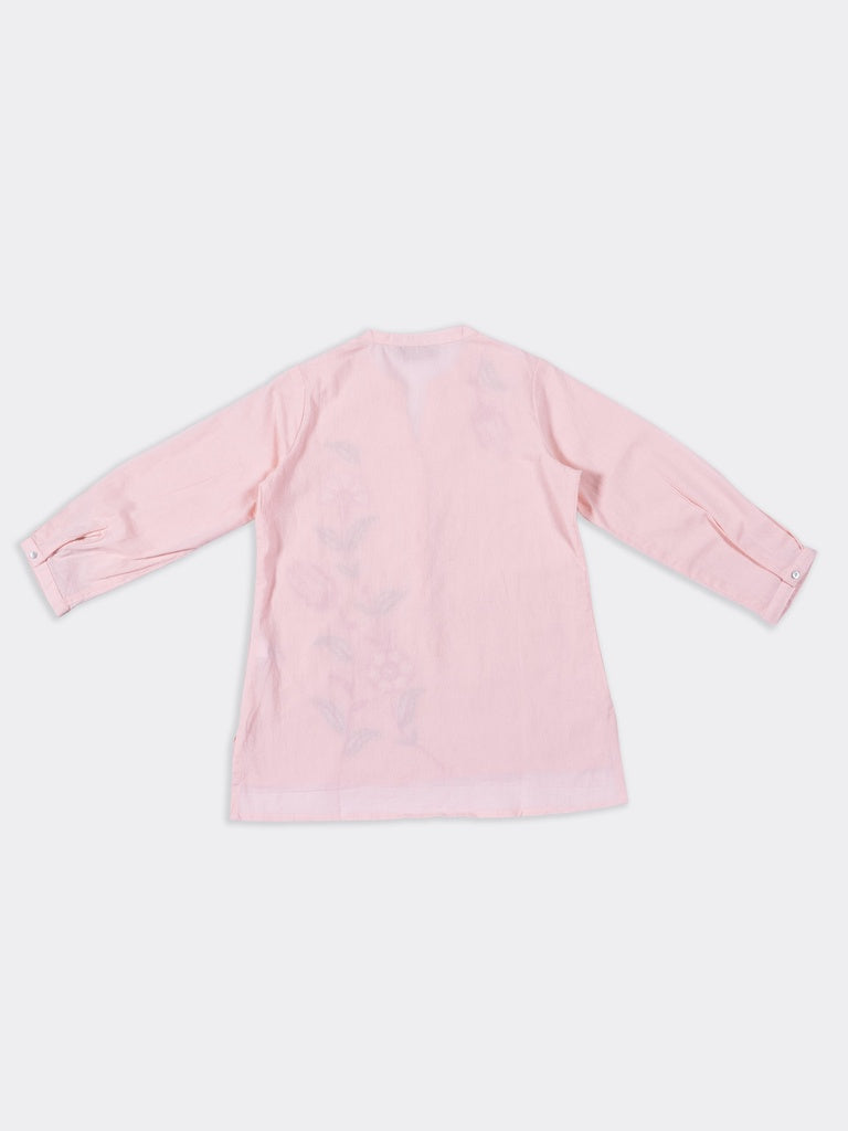Utsa Pink Foliage Embroidered Cotton-Blend Straight Tunic