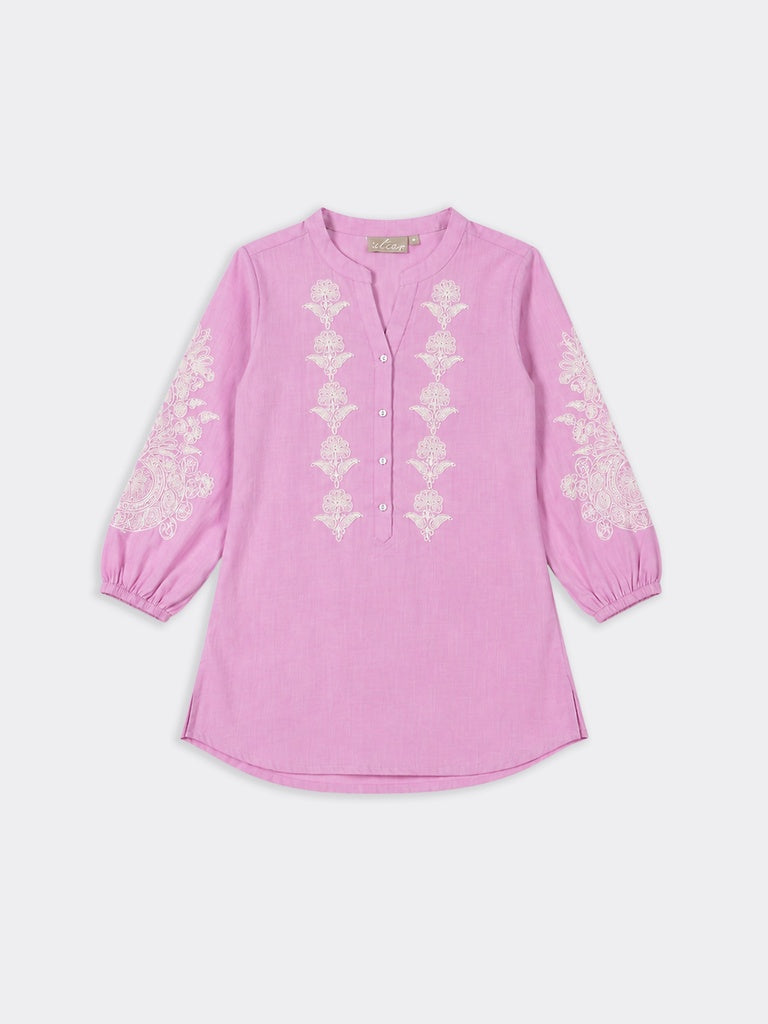 Utsa Lilac Floral Embroidered Cotton Straight Tunic