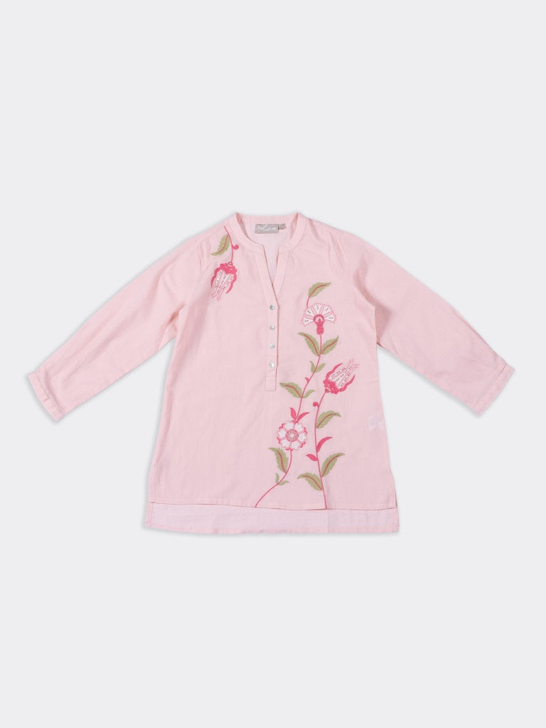Utsa Pink Foliage Embroidered Cotton-Blend Straight Tunic
