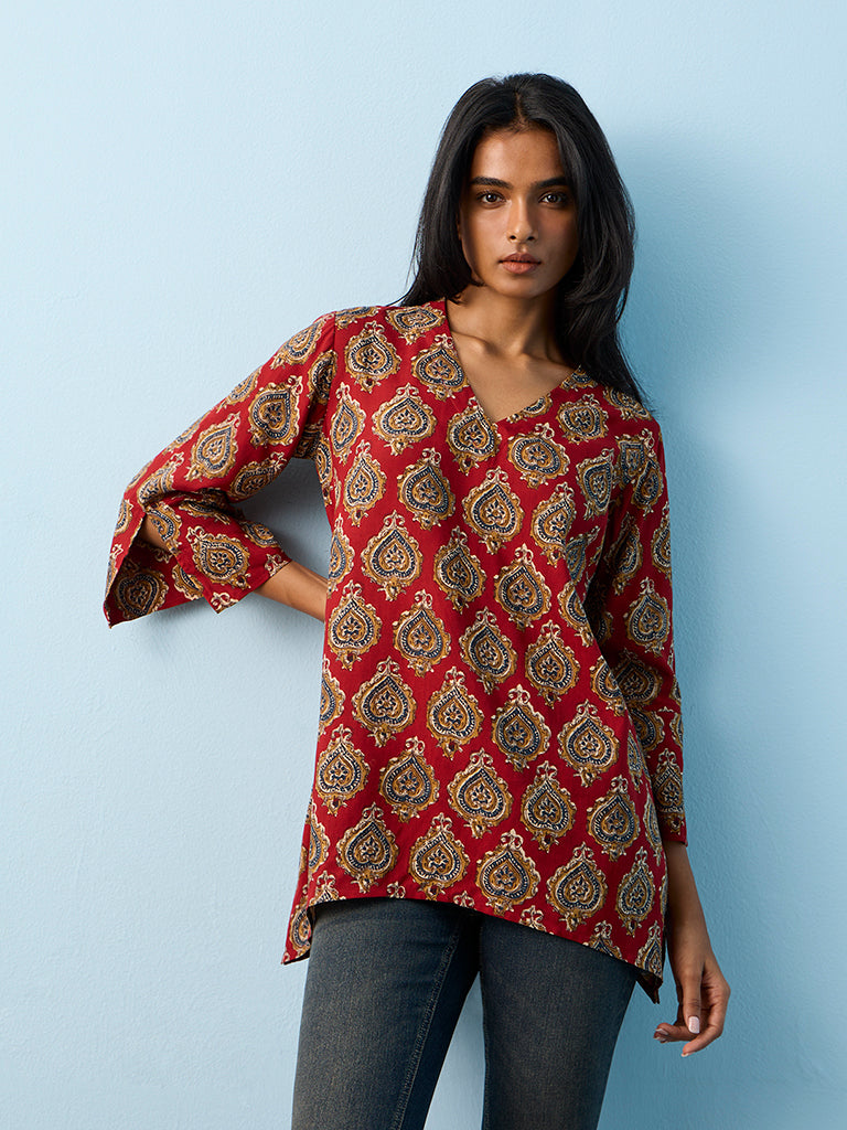 Utsa Red Printed Ethnic Top