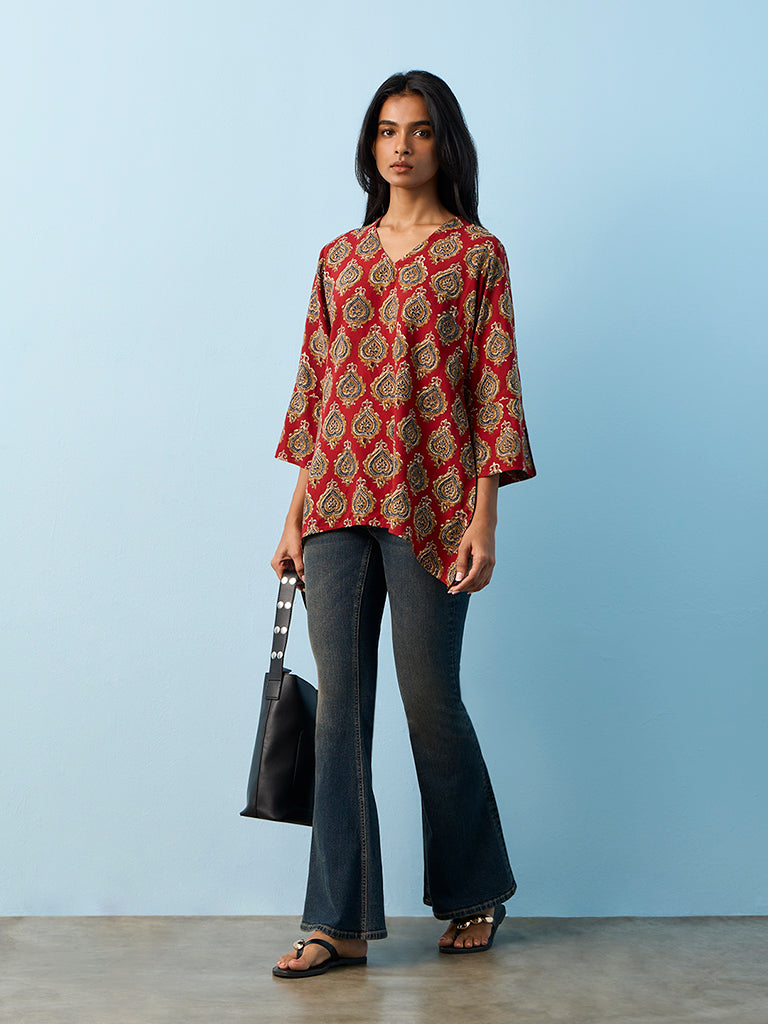 Utsa Red Printed Ethnic Top