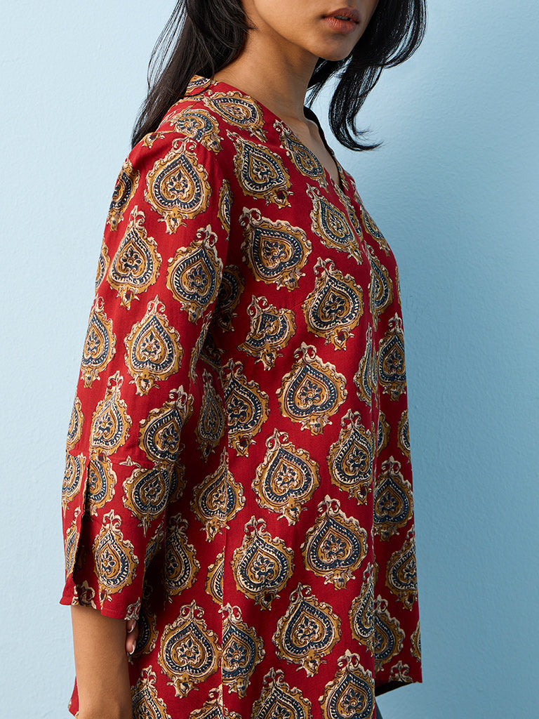 Utsa Red Printed Ethnic Top