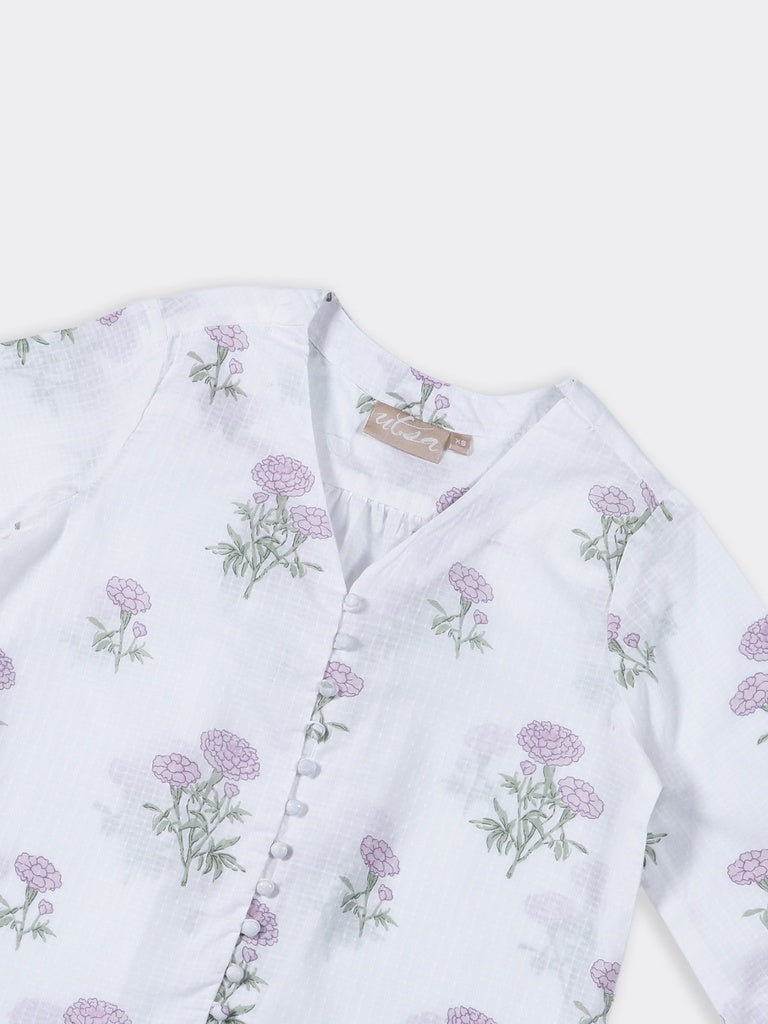 Utsa White Floral Pattern Cotton Tunic