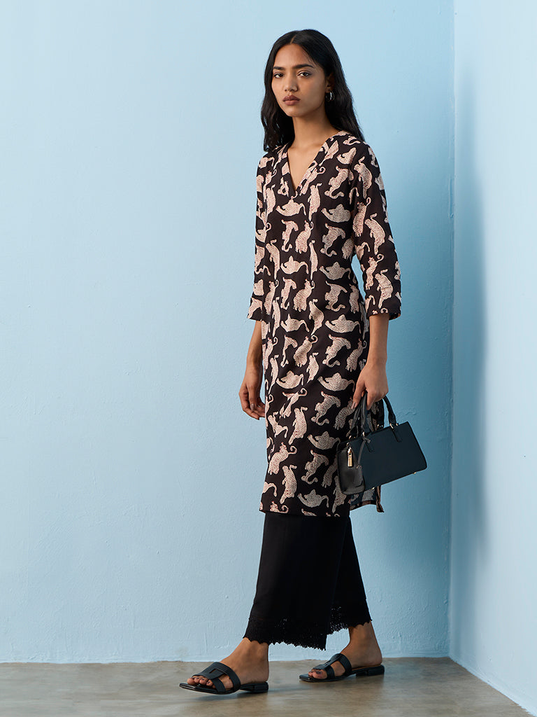 Utsa Black Animal Printed Cotton Straight Kurta