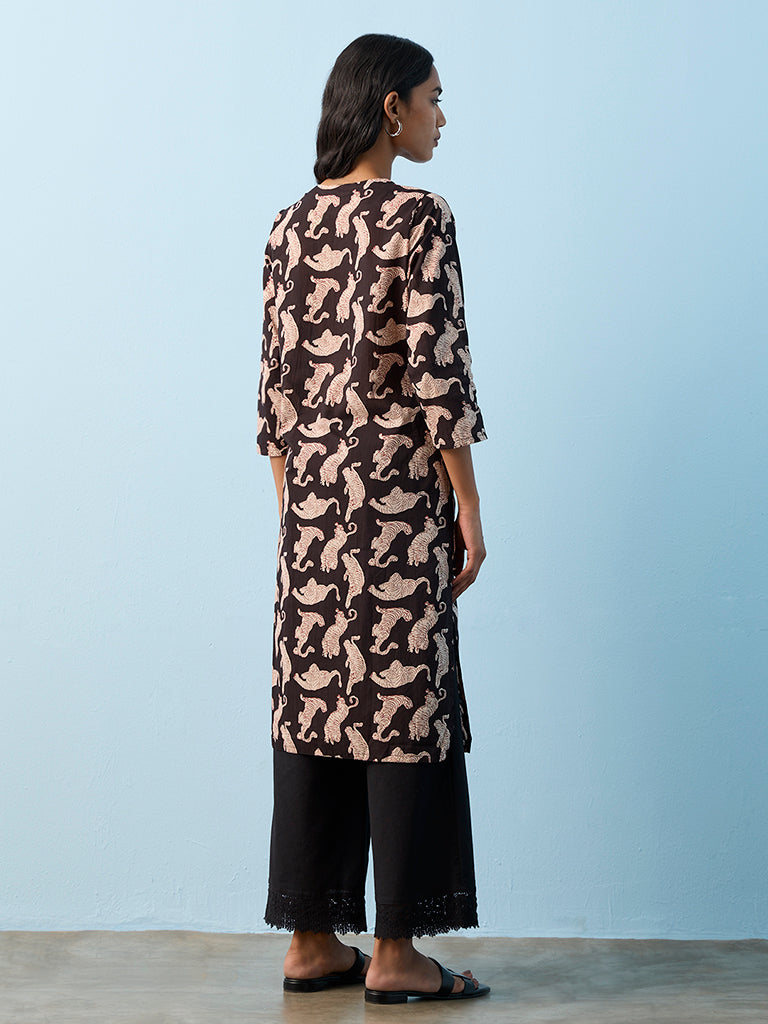 Utsa Black Animal Printed Cotton Straight Kurta