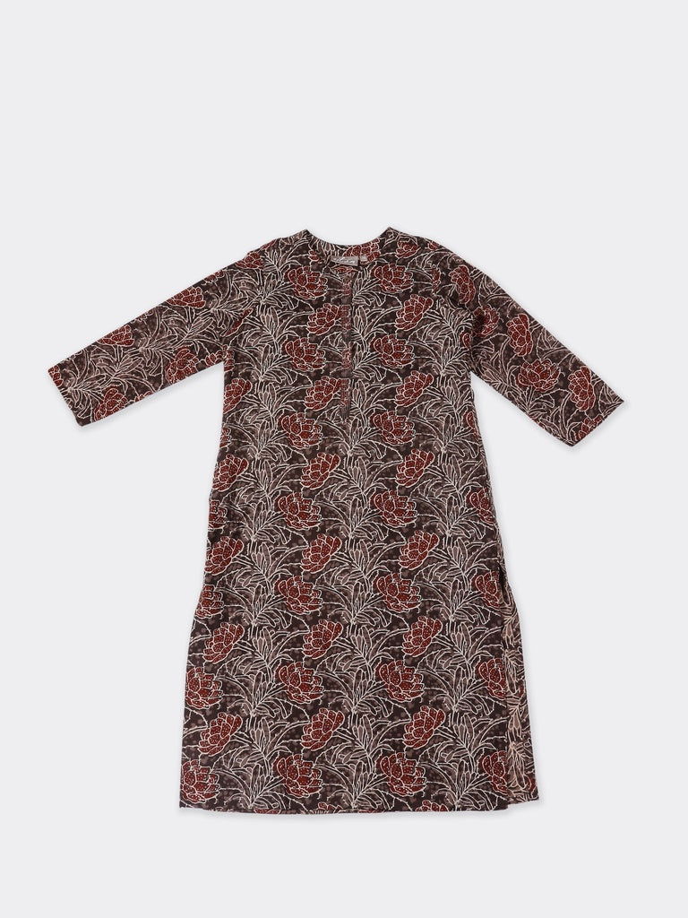 Utsa Brown Floral Printed Cotton Straight Kurta