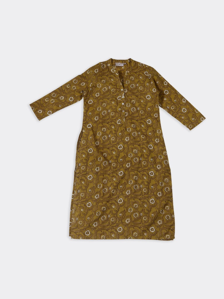 Utsa Mustard Floral Printed Cotton Straight Kurta