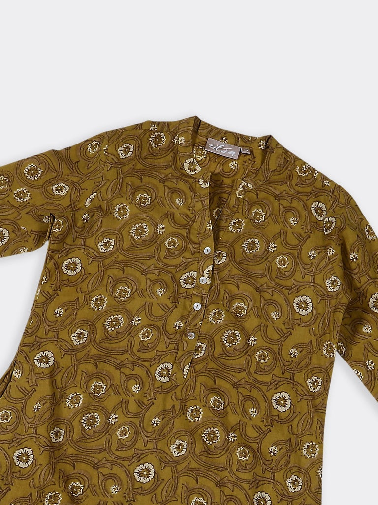 Utsa Mustard Floral Printed Cotton Straight Kurta