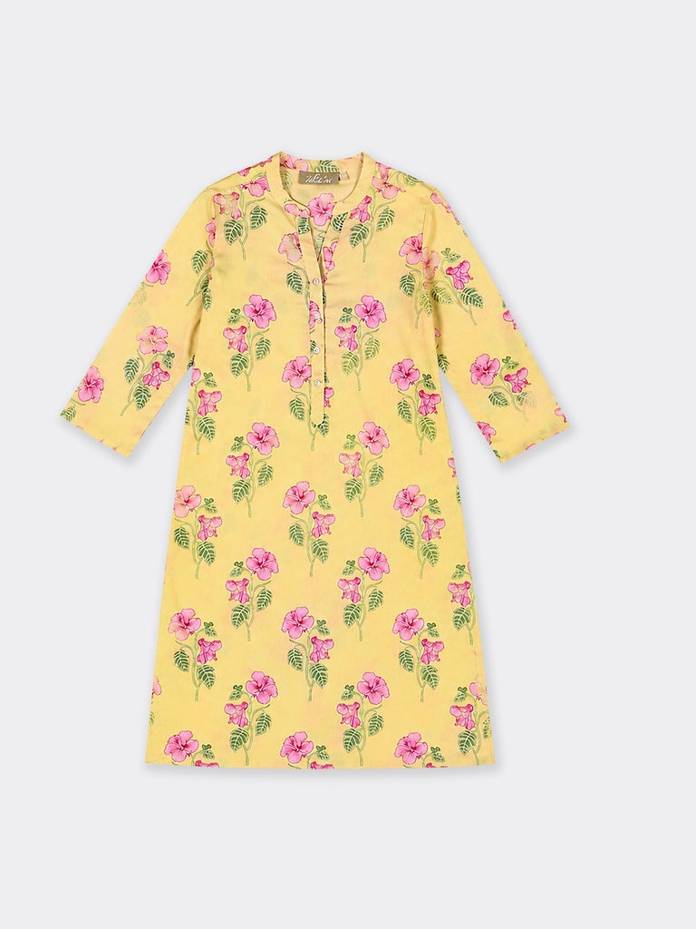 Utsa Yellow Floral Printed Cotton Straight Kurta