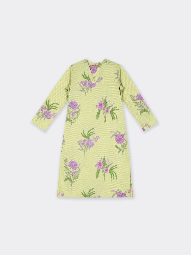 Utsa Lime Floral Printed Cotton Straight Kurta