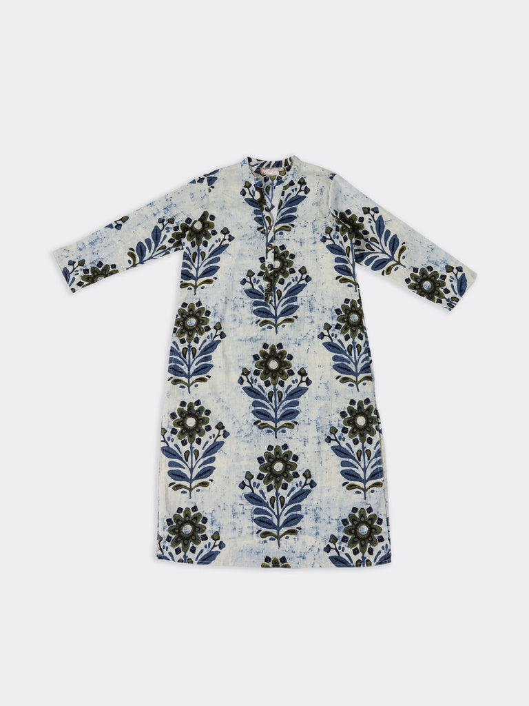 Utsa Blue Floral Pattern Cotton Straight Kurta