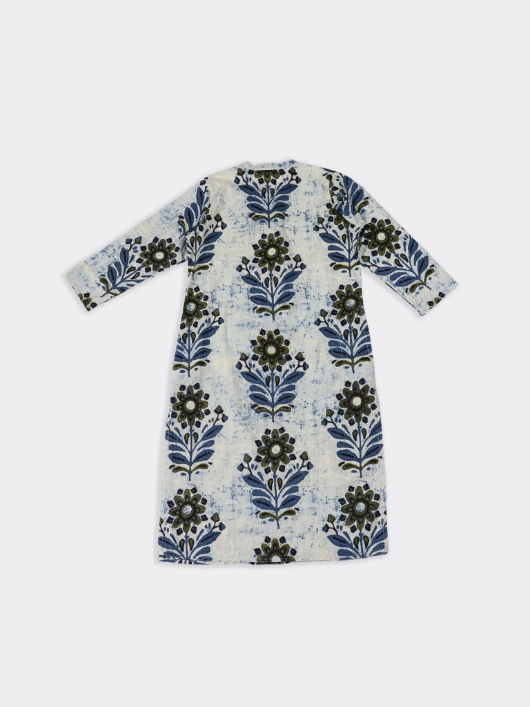 Utsa Blue Floral Pattern Cotton Straight Kurta