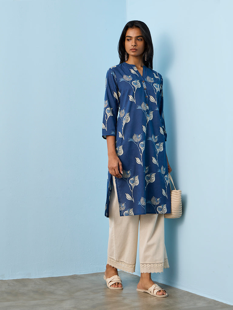 Utsa Indigo Bird Printed Straight Cotton Kurta