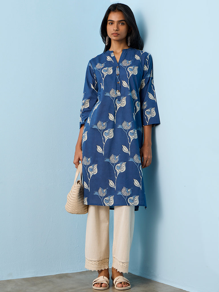 Utsa Indigo Bird Printed Straight Cotton Kurta