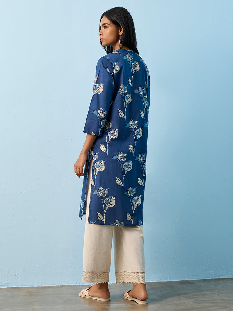 Utsa Indigo Bird Printed Straight Cotton Kurta