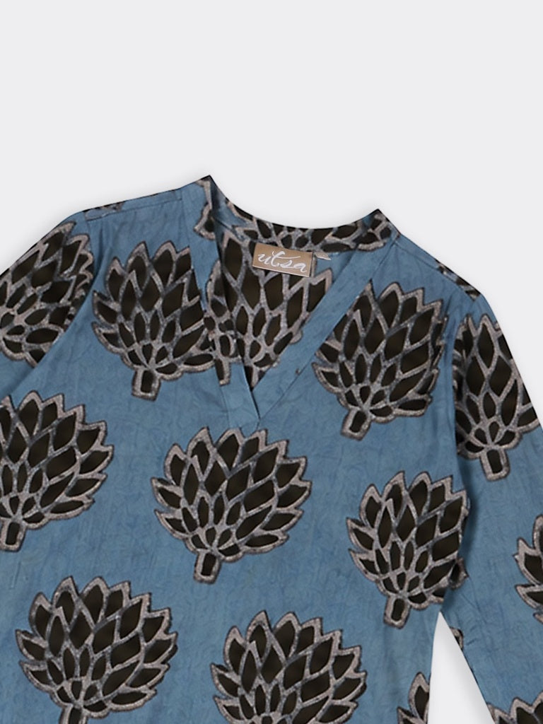 Utsa Teal Botanical Pattern Cotton Straight Kurta