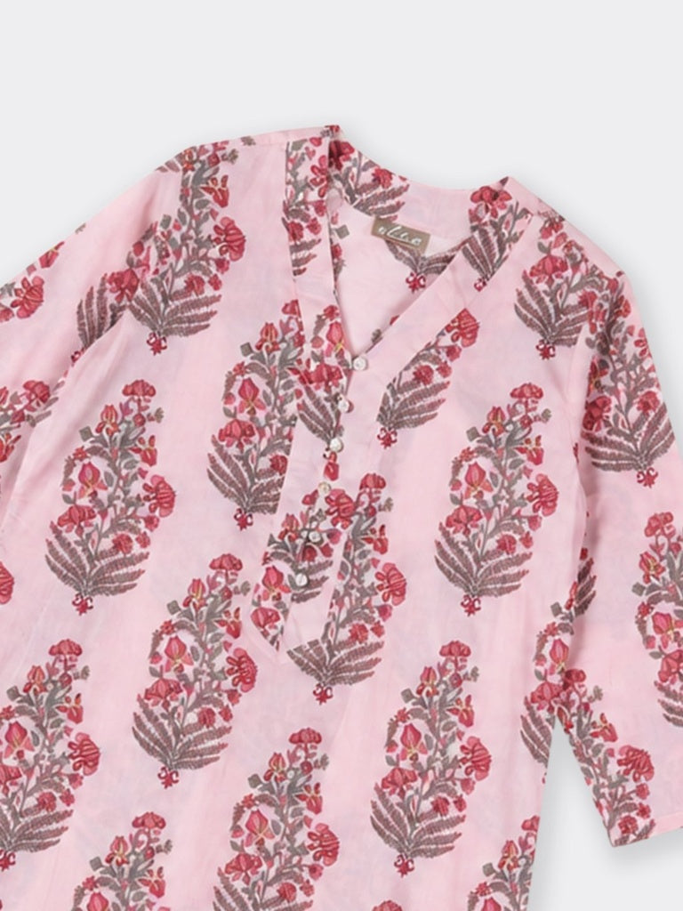 Utsa Pink Floral Printed Cotton Straight Kurta