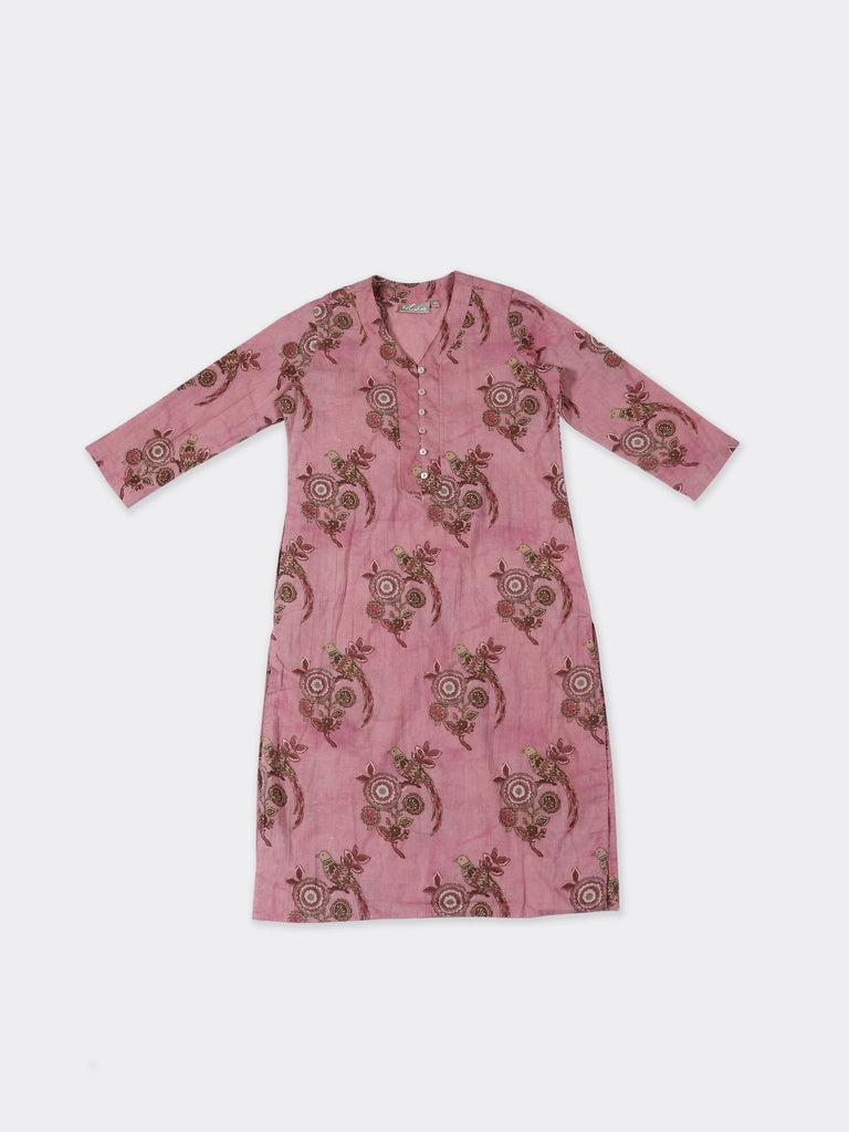 Utsa Light Pink Floral Printed Cotton Straight Kurta