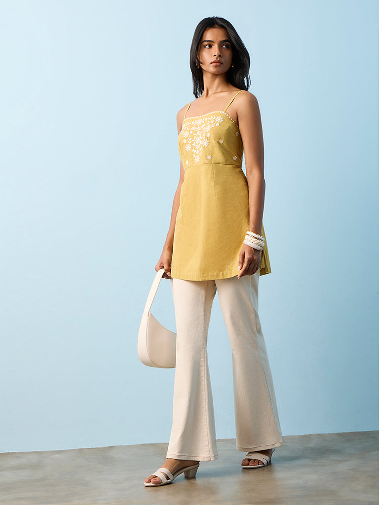 Utsa Yellow Floral Embroidered Cotton Ethnic Top