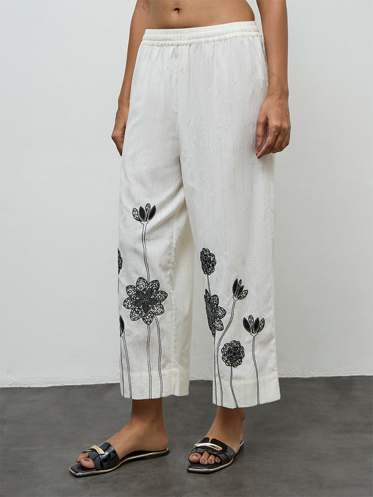 Utsa Off-White Floral Embroidered Cotton-Blend Pants