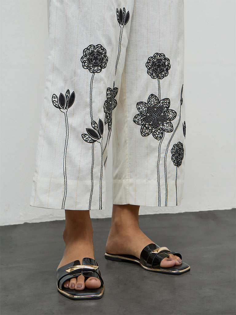 Utsa Off-White Floral Embroidered Cotton-Blend Pants