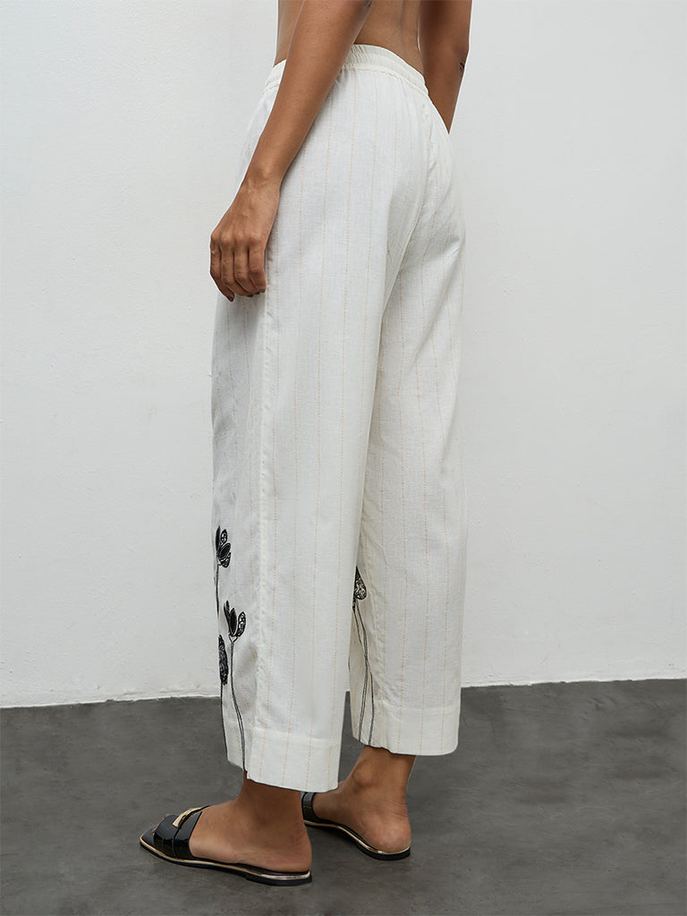 Utsa Off-White Floral Embroidered Cotton-Blend Pants