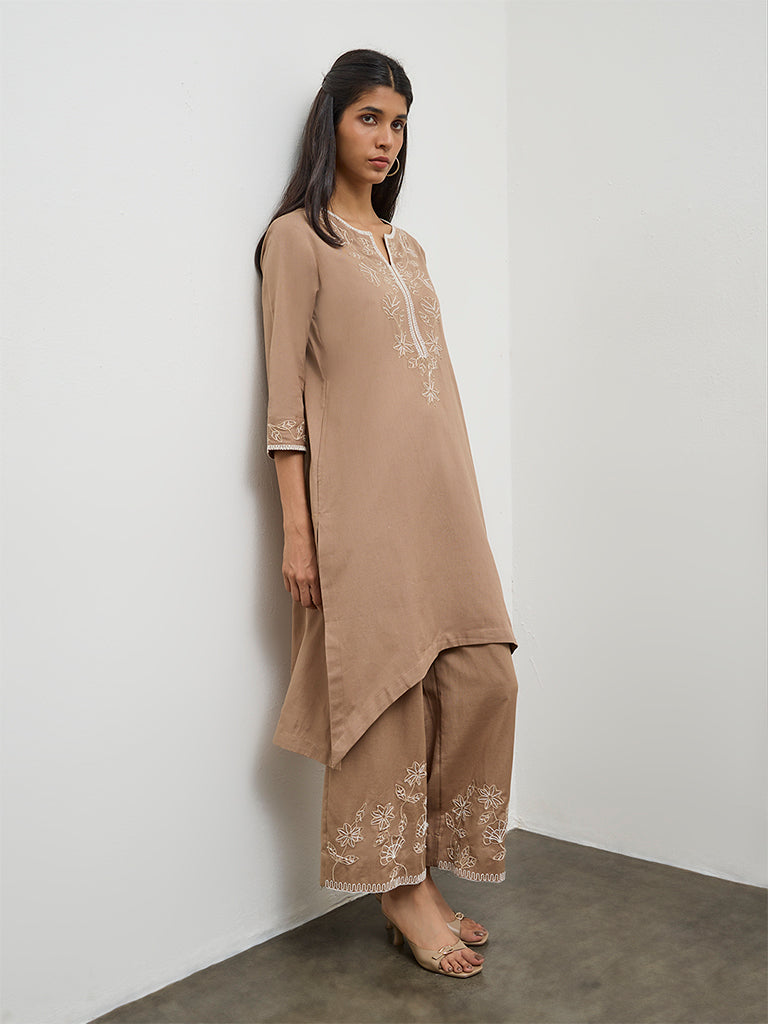 Utsa Brown Floral Embroidered Cotton Pants