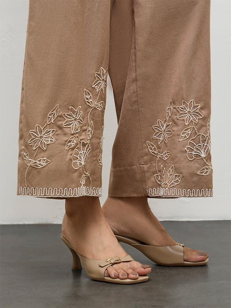 Utsa Brown Floral Embroidered Cotton Pants