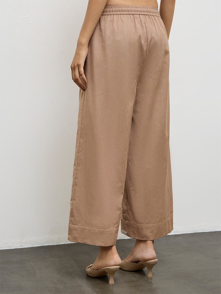 Utsa Brown Floral Embroidered Cotton Pants
