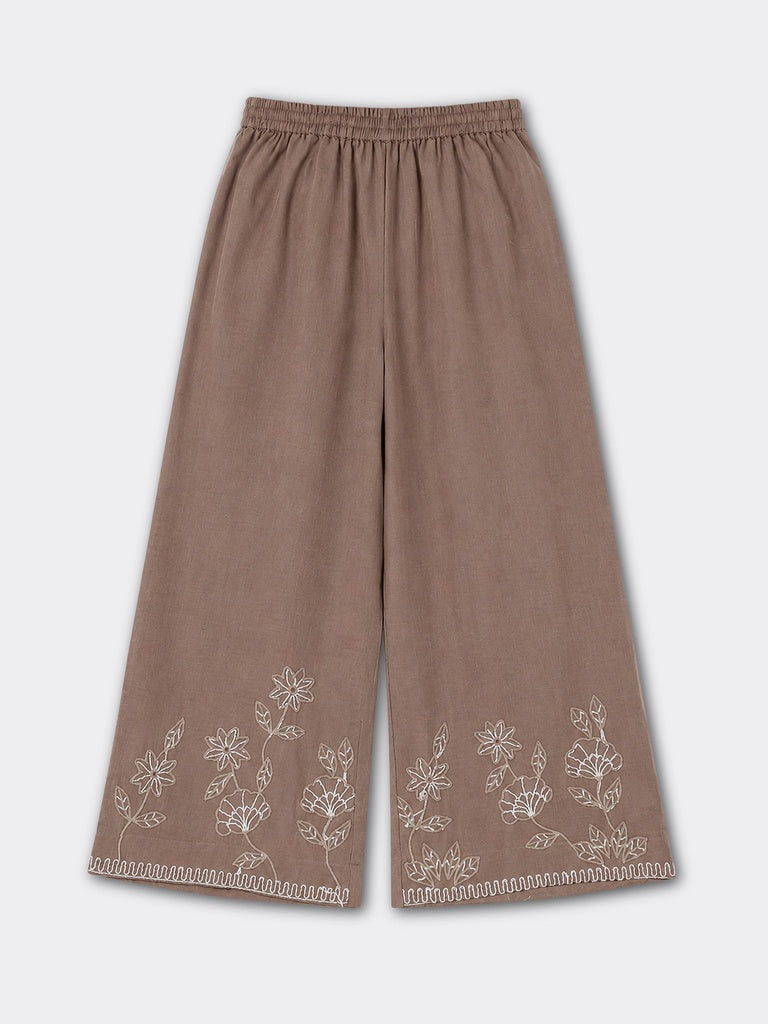 Utsa Brown Floral Embroidered Cotton Pants