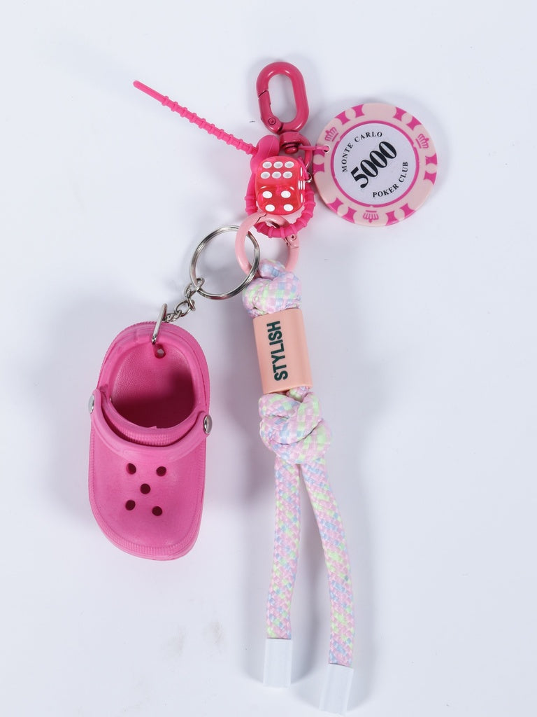Pink Miniature Clog And Poker Chip Charm Multielement Keychain