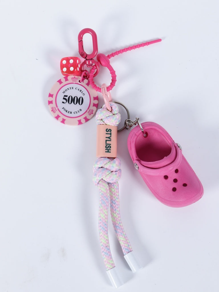 Pink Miniature Clog And Poker Chip Charm Multielement Keychain