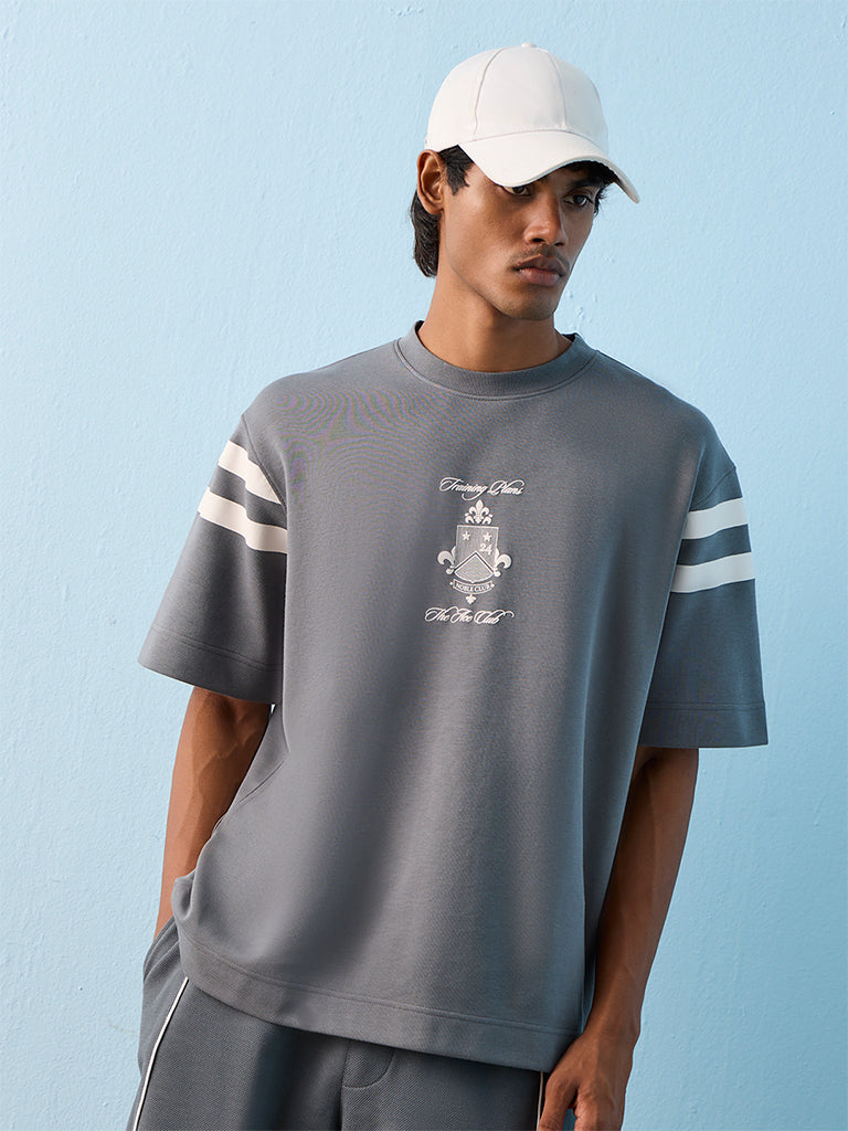 Nuoflexx Dark Grey Text-Printed Relaxed-Fit T-Shirt