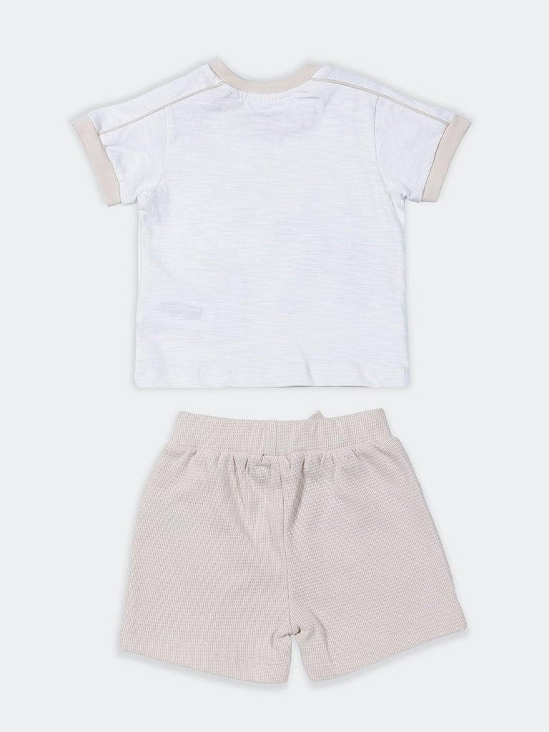 HOP Baby Boys White Regular Fit Cotton T-Shirt and Shorts Set