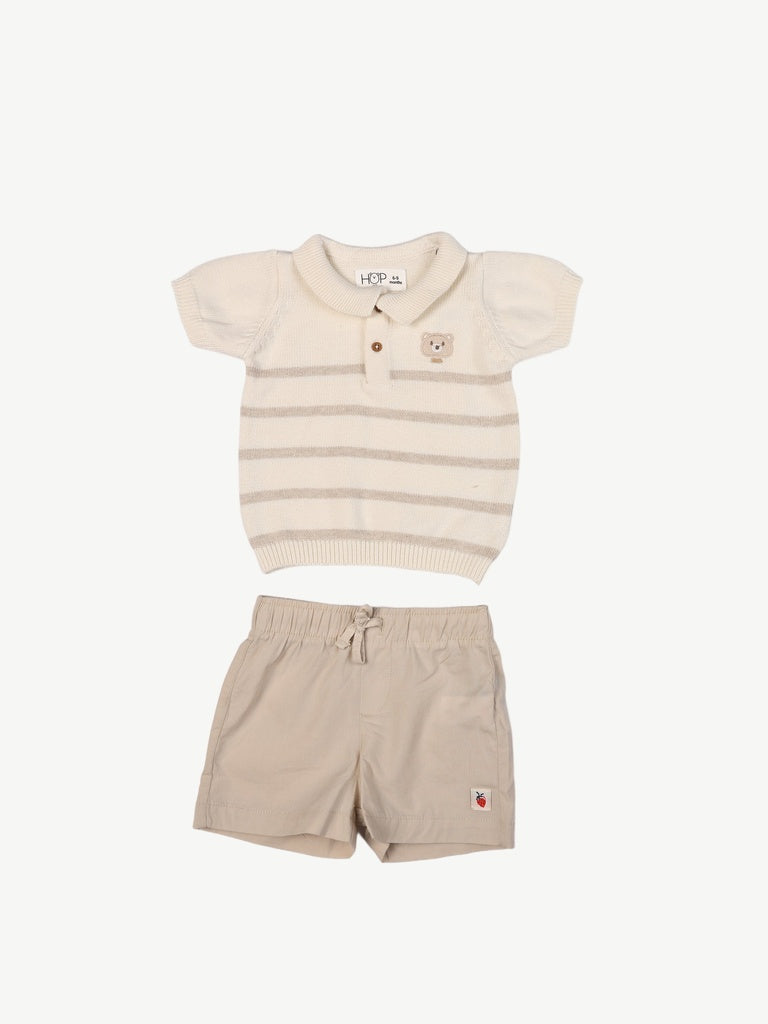 HOP Baby Boys Beige Striped Cotton Polo T-Shirt and Shorts Set